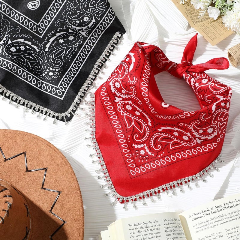 Vabean 2 Pcs Disco Rhinestone Fringed Bandana Paisley Bandanas Cowgirl Bachelorette Rhinestones Tassel Kerchief - Image 2